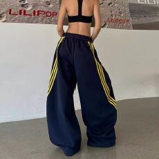 批发辣到中暑美式辣妹复古<b class='q'>街头</b>风街舞三杠条纹绑带弯刀休闲裤宽松阔腿