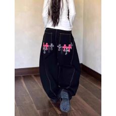 批发美式大码复古十字架刺绣弯刀<b class='q'>牛仔裤</b><b class='q'>男</b>女高街宽松阔腿多口袋长裤潮