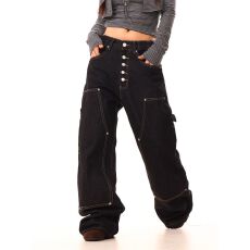 批发美式多排扣宽松牛仔裤女2025春秋季复古做旧设计感显瘦长裤<b class='q'>情侣</b>