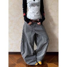 批发美式竖条纹弯刀工装裤男女vintage复古宽松直筒拖地休闲长裤<b class='q'>情侣</b>