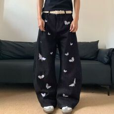 批发美式潮牌蝴蝶刺绣水洗<b class='q'>牛仔裤</b><b class='q'>男</b>秋冬复古宽松阔腿百搭直筒长裤
