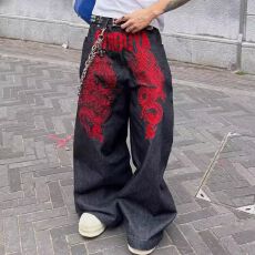 批发美式复古废土风涂鸦牛仔裤女秋冬季<b class='q'>新款</b>高腰显瘦拖地阔腿长裤