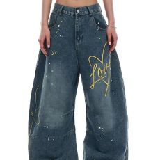 批发秋季美式潮牌泼墨涂鸦弯刀<b class='q'>牛仔裤</b><b class='q'>男</b>女潮流ing宽松阔腿牛仔长裤