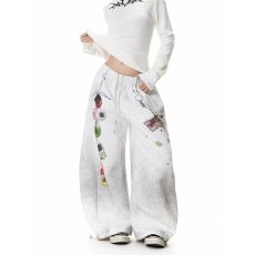 批发涂鸦做旧美式<b class='q'>街头</b>风做旧涂鸦印花弯刀卫裤男女设计感宽松阔腿裤