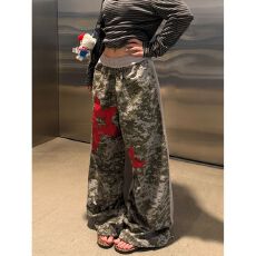 批发辣妹星星迷彩拼接直筒男女街舞宽松直筒阔腿裤男女潮