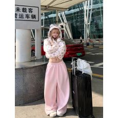 批发粉色阔腿运动卫裤女秋季高腰宽松直筒显瘦休闲裤