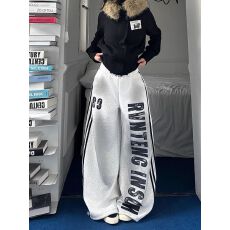 批发字母印花<b class='q'>条纹</b>卫<b class='q'>裤</b>女秋季宽松休闲运动阔腿长<b class='q'>裤</b>