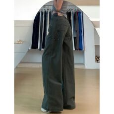 批发小个子款美式军绿色直筒工装牛仔<b class='q'>裤</b>女宽松显瘦高腰休闲阔腿<b class='q'>裤</b>