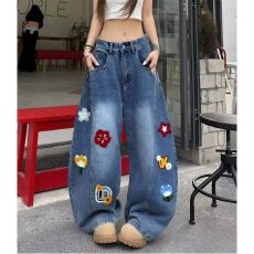 批发<b class='q'>裤</b>子春秋2025新款大童女孩春装阔腿<b class='q'>裤</b><b class='q'>儿童</b>刺绣韩版直筒牛仔<b class='q'>裤</b>