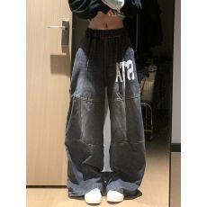 批发美式新风格字母印花口袋设计牛仔裤<b class='q'>男</b>女阔腿宽松休闲百搭拖地<b class='q'>长裤</b>