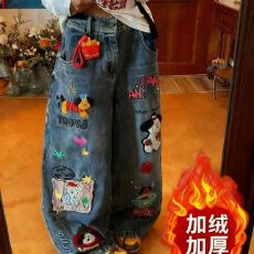 批发美式凡乐鼠卡通贴布牛仔长裤<b class='q'>男</b>女同款秋冬刺绣印花阔腿直筒裤长裤