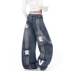 批发美式新风格复古字母印花条纹弯刀<b class='q'>牛仔裤</b><b class='q'>男</b>女春秋多口袋宽松阔腿裤