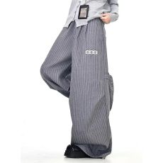 批发字母刺绣条纹西裤休闲裤男女B计划<b class='q'>设计</b>感宽松街头运动阔腿长裤