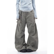 批发美式新概念解构拼接水洗工装裤<b class='q'>男</b>女宽松阔腿褶皱设计休闲弯刀裤潮