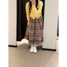 批发美式复古圣诞年味彩色格纹可爱半身裙A字裙女秋冬蕾丝拼接裙子ins