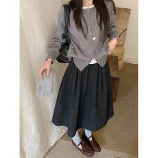 批发韩版深灰色毛呢松紧腰半身裙女秋冬新款中<b class='q'>长款</b>休闲A字伞裙蓬蓬裙