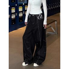 批发美式高街印花高街弯刀<b class='q'>牛仔裤</b><b class='q'>男</b>女设计感小众拖地长裤宽松阔腿裤子