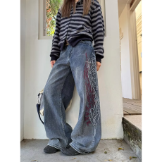 批发【原版竹节纹】复古刺绣竹节牛仔裤男女街头个性<b class='q'>休闲</b>水洗设计长裤