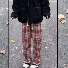 批发复合银狐绒】毛呢格子<b class='q'>裤</b>女秋冬高腰新款复古垂感休闲筒<b class='q'>裤</b><b class='q'>显瘦</b>版阔