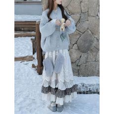 批发森系蕾丝格纹拼接甜美少女感半身裙女春秋重工设计感减龄别致长裙