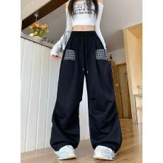 批发美式格子拼接口袋卫裤女秋季潮牌<b class='q'>设计</b>感休闲运动裤