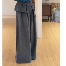 批发大码mm灰色屁帘拼接毛呢裤女2025秋冬季新款<b class='q'>设计</b>感百搭显瘦阔腿裤