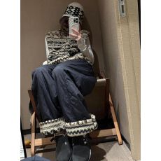 批发（夹棉加绒）冬季保暖摇粒绒翻边拼接葫芦纹直筒长裤女休闲裤