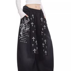 批发纯棉复绒腰带可拆美式复古十字架绑带做旧弯刀裤男女加绒阔腿裤