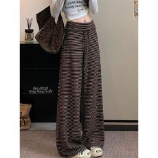 批发高腰直筒裤慵懒风条纹休闲裤女秋季<b class='q'>百搭</b>宽松阔腿裤