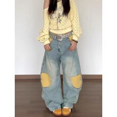 批发<b class='q'>大码</b>美式vibe水洗格子拼接弯刀牛仔裤女街头宽松垂感阔腿拖地裤子