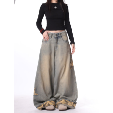 批发迷彩拼接星星贴布<b class='q'>牛仔裤</b><b class='q'>男</b>女潮牌美式水洗做旧裤子垂感阔腿裤