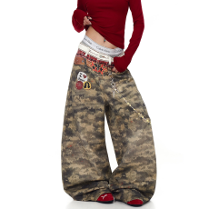 批发美式复古3D打印腰带迷彩<b class='q'>牛仔裤</b><b class='q'>男</b>女潮牌宽松弯刀阔腿裤