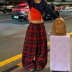 批发ins网红复古春秋款美式慵懒风撞色阔腿宽松遛弯红格子休闲<b class='q'>裤</b>潮流