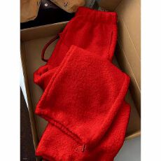 批发原版面料380克天猫抖音质量~慵懒风红色阔腿<b class='q'>裤</b><b class='q'>宽松</b>显瘦直筒休闲<b class='q'>裤</b>