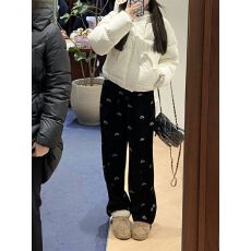 批发灯芯绒复合#手绘兔子印花雪尼尔休闲长<b class='q'>裤</b>子女黑色直筒<b class='q'>裤</b>卫<b class='q'>裤</b>潮