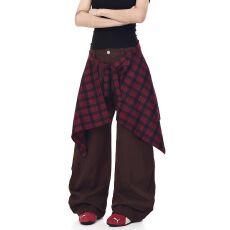 批发大码美式街头黑色拼接格子裙摆运动裤女装秋<b class='q'>冬</b>季宽松假两件休闲裤