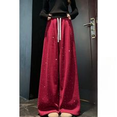 批发亮闪闪满天星裤子女2026春季新款加绒小个子高腰垂坠感爆闪阔腿裤