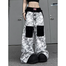 批发美式双腰头白迷彩牛仔裤街头宽松多口袋撞色阔腿长裤