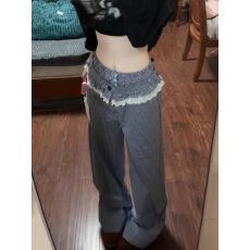 批发蕾丝拼接格子长<b class='q'>裤</b>女休闲宽松显瘦直筒阔腿<b class='q'>裤</b>