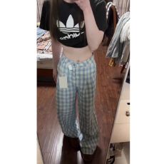 批发早春蓝色格子休闲<b class='q'>裤</b>女高腰垂感直筒阔腿<b class='q'>裤</b><b class='q'>拖地</b><b class='q'>裤</b>