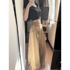 批发夏港风卡其色拼接大喇叭休闲<b class='q'>裤</b>女阔腿拖地长<b class='q'>裤</b>子