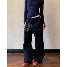 批发美式复古cleanfit铆钉多口袋工装男女宽松阔腿秋<b class='q'>冬</b>百搭长裤子