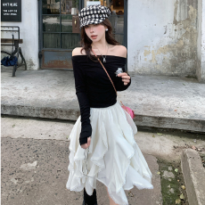 批发设计感白色不规则半身裙女装<b class='q'>春</b>季别致松紧腰A字裙蓬蓬裙半身裙