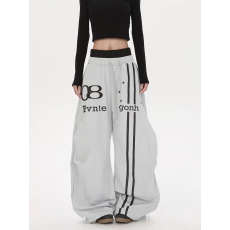 批发零碎岛屿美式双腰头字母印花弯刀阔腿慵懒风百搭男女街头休闲长裤