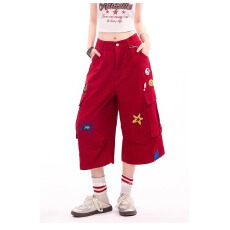 批发时尚设计星星毛巾绣工装七分<b class='q'>裤</b>女<b class='q'>嘻哈</b>褶皱多口袋阔腿休闲<b class='q'>裤</b>