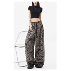 批发美式复古豹纹<b class='q'>休闲裤</b>女垂感慵懒阔腿裤高街抽绳宽松显瘦拖地裤