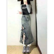 批发规则开叉牛仔半身裙女2026春夏季高腰显瘦a字包臀鱼尾裙中长裙