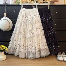 批发网纱波点拼接2026蛋糕半身裙<b class='q'>高腰</b>显瘦蓬蓬韩版