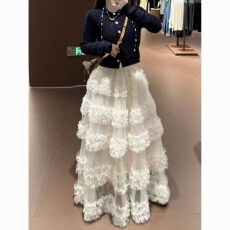 批发木耳边网纱蛋糕裙女2026秋<b class='q'>冬</b>新款日系杏色半身裙仙女长裙