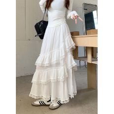 批发月光少女 蕾丝花边拼接高腰显瘦<b class='q'>半身裙</b>女秋白色不规则鱼尾裙长款